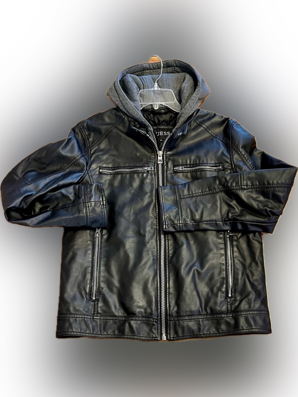 GUESS Mens Black Faux Leather Moto Jacket Detachable Hood Size Medium Biker Edgy